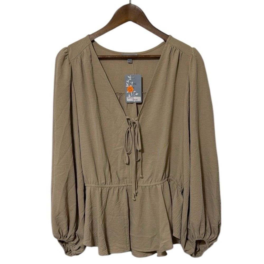NWT Floral & Ivy Peplum Style Balloon Sleeve Top Neutral Taupe with Ties Women L